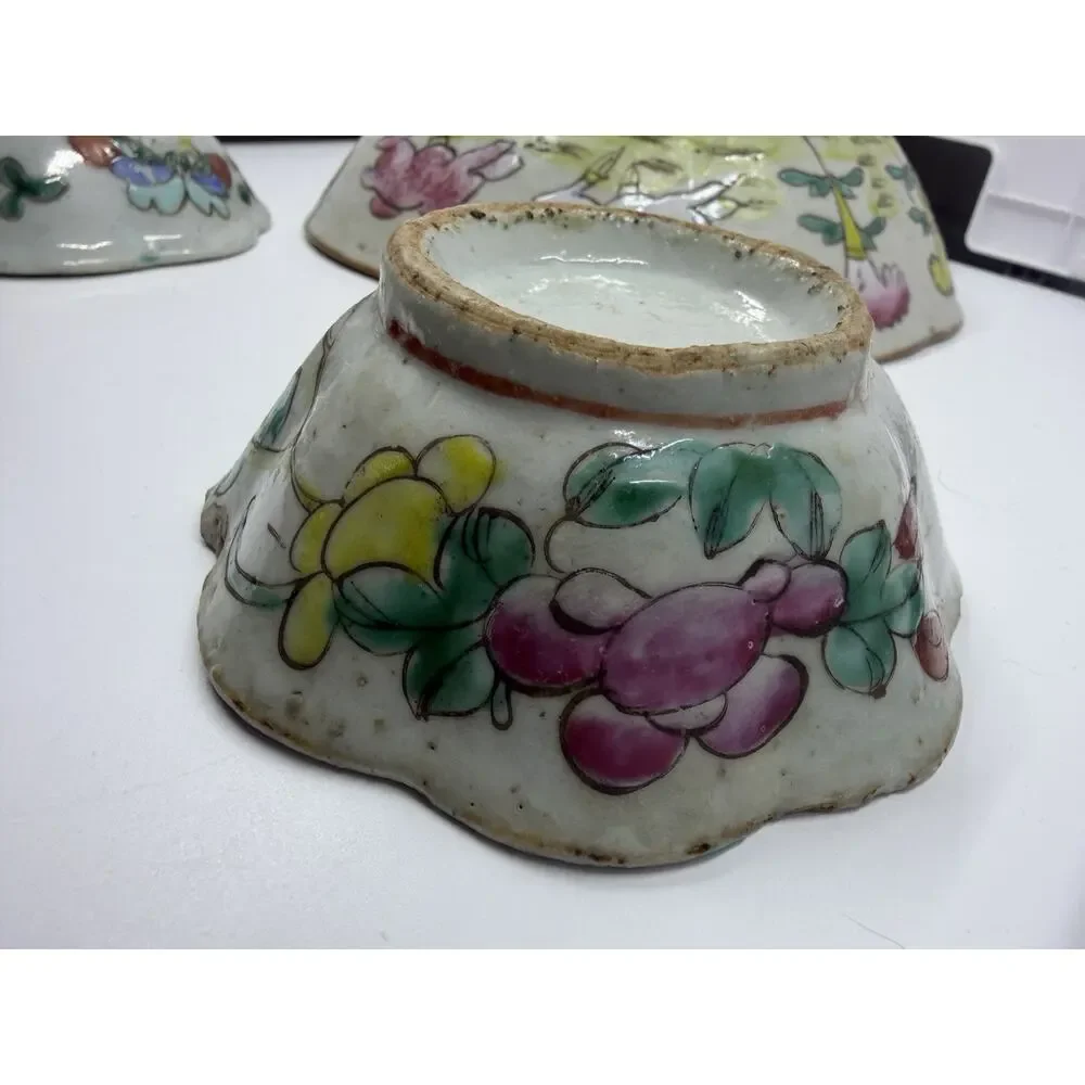 3 Antique Chinese Famille Rose Porcelain Bowl & Scalloped Dishes Set Turquoise